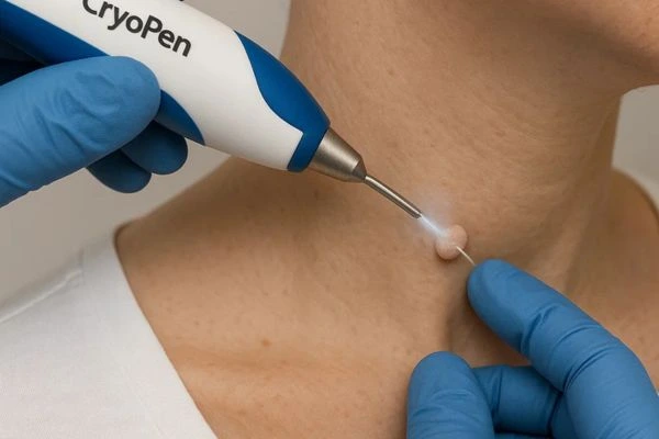 Person receiving cryotherapy Swinton for skin tag removal