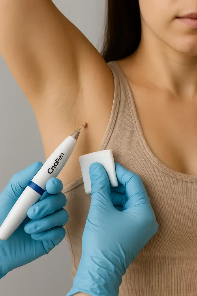 woman having cryopen to remove underarm skin tags Swinton