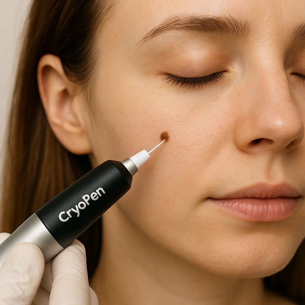 woman receiving facial mole removal Swinton using cryopen